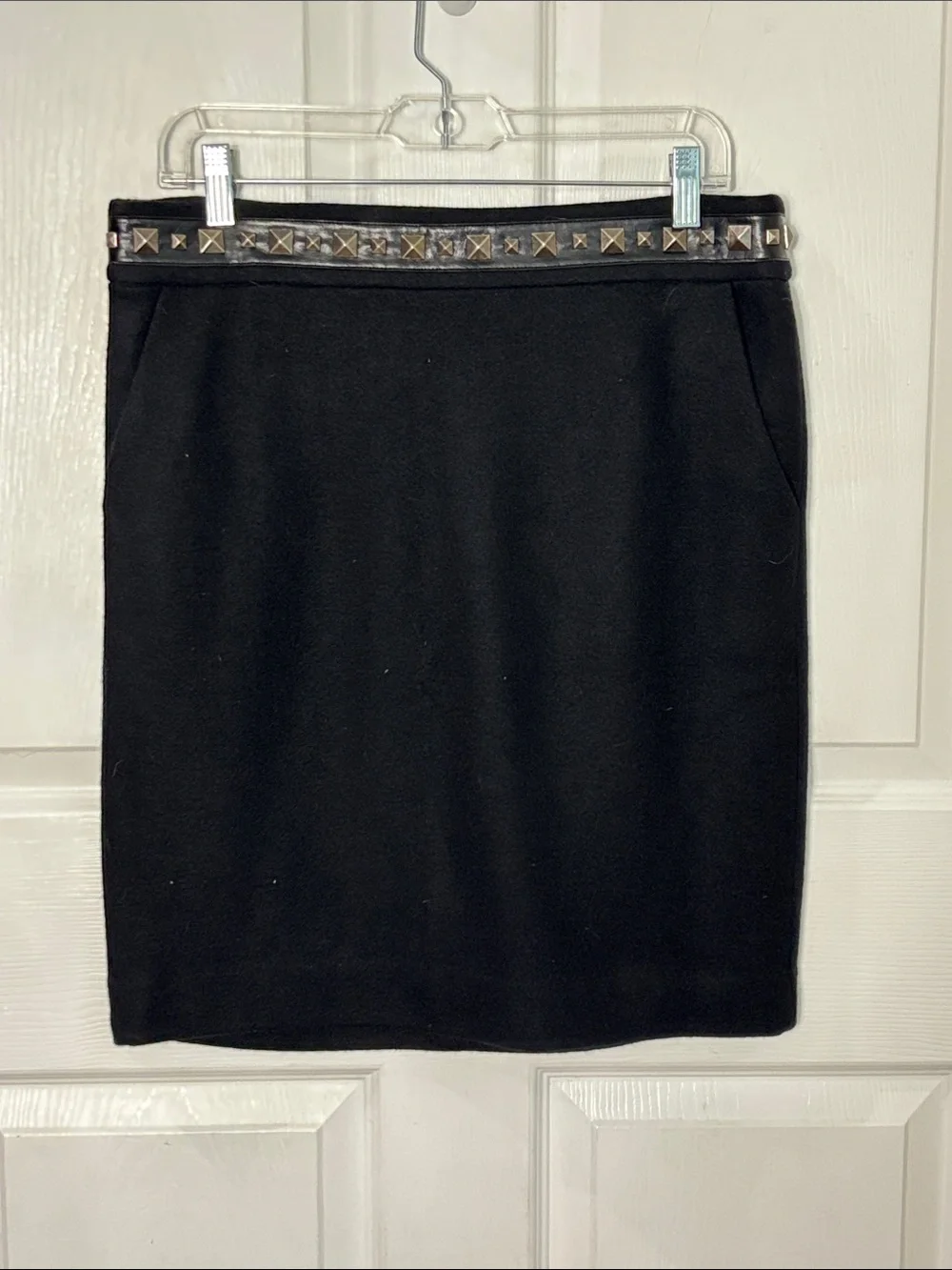 Tory Burch Black Wool Pencil Skirt Studded Waist Leather Trim Pockets Size Large